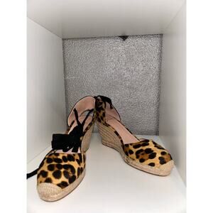J Crew AJ166 Espadrille Wedges Leopard Print Calf Hair Ankle Tie  3.5” Heel